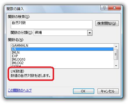 ［関数の挿入］ダイアログ－［関数の検索］：LN関数