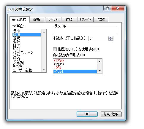 負の数の表示形式