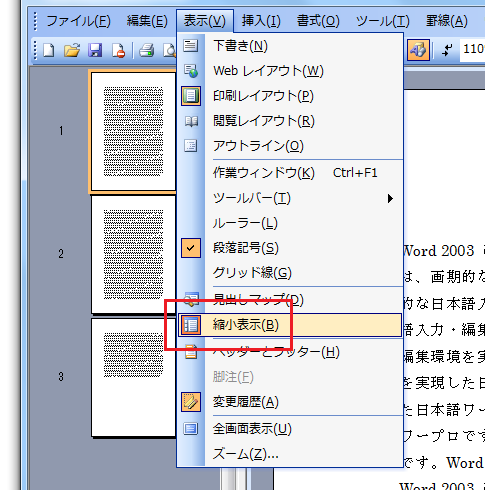 Word2003で縮小表示を非表示に