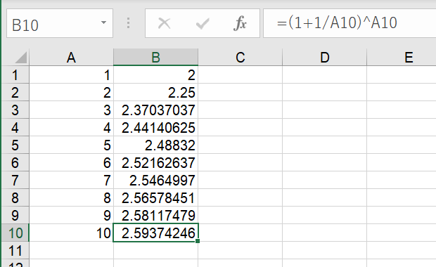 自然対数の底 ネイピア数の近似値をexp関数を使わず計算する Excel エクセル の関数 数式の使い方 数学