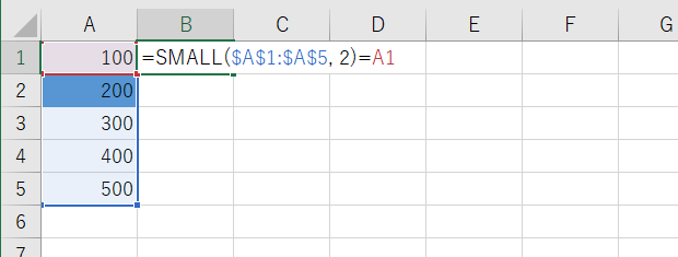 B1セルに「=SMALL($A$1:$A$5, 2)=A1」を入力