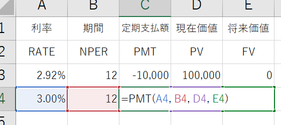 RATE関数とPMT関数の違い