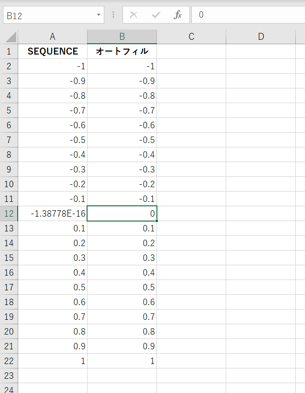 Excelのオートフィルで小数の連続データを作成した例