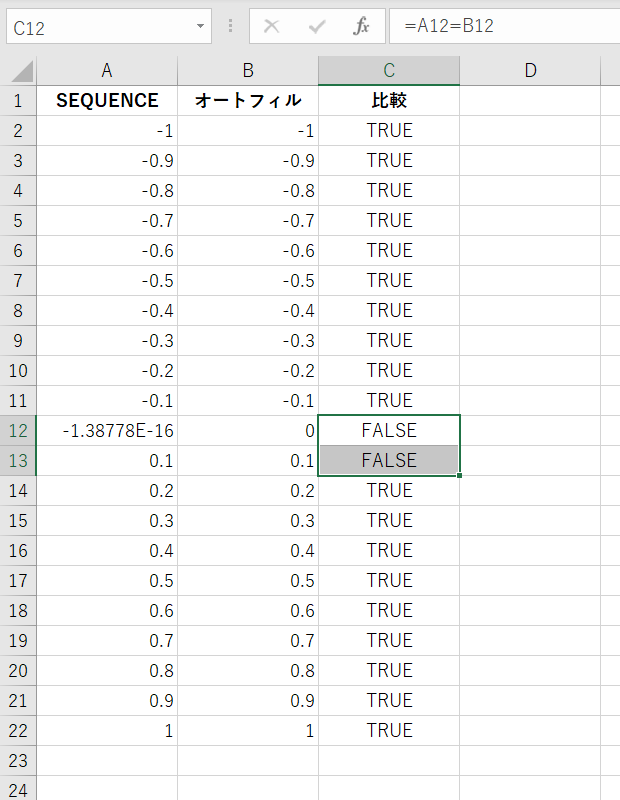 SEQUENCE関数とオートフィルで作成した小数の比較