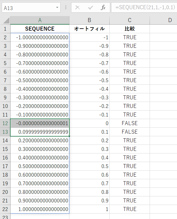 SEQUENCE関数で作成した小数の表示桁数を増やすと