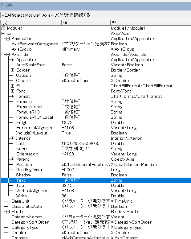 ローカルウィンドウ：AxisTitleオブジェクトのTitleプロパティ