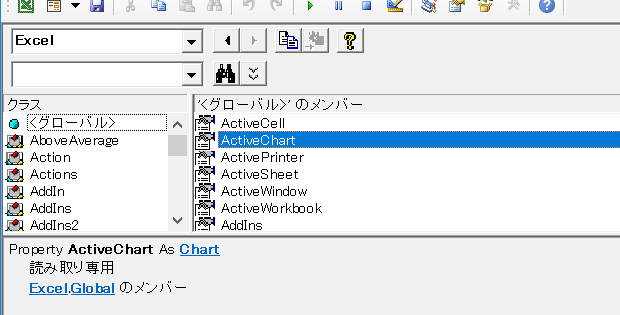 オブジェクトブラウザー：Excel.Global.ActiveChart