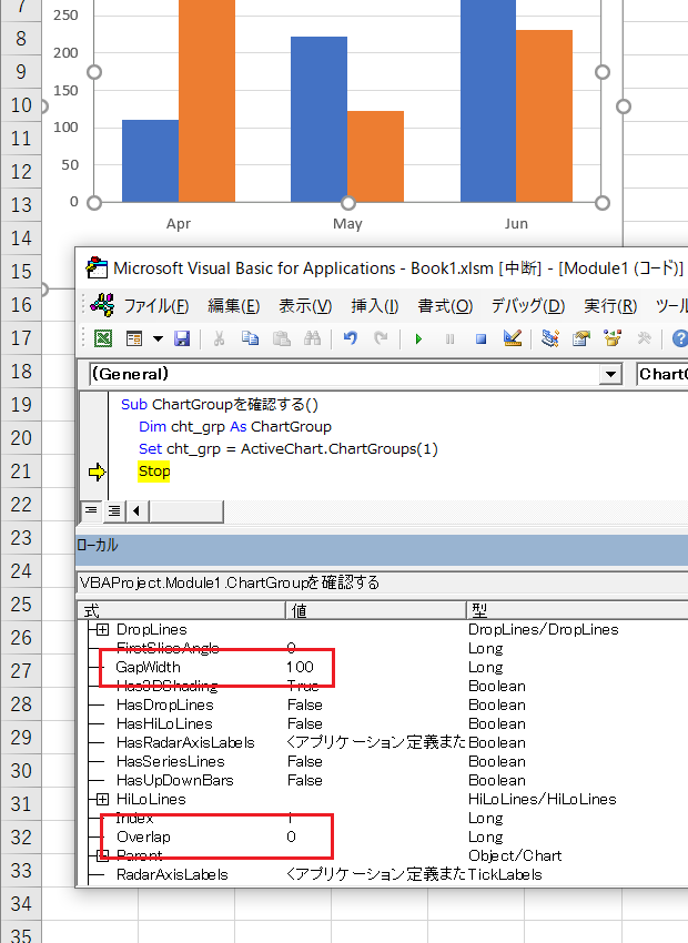 ローカルウィンドウでGapWidth・Overlapを確認する