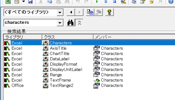 オブジェクトブラウザーで「chareacters」を完全一致検索した結果