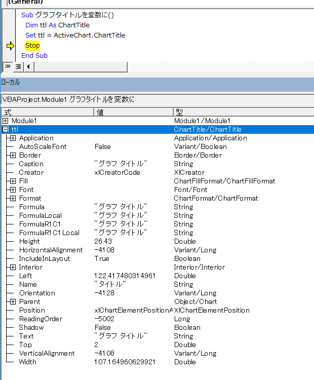 ローカルウィンドウ：Chart.ChartTitleの戻り値確認